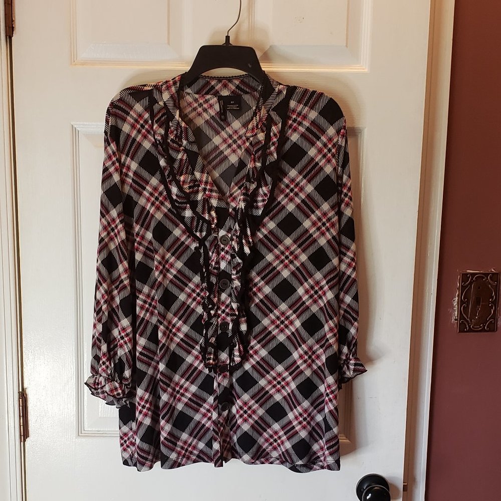 new directions women plaid shirt ruffled pink, black and white plaid, black lace